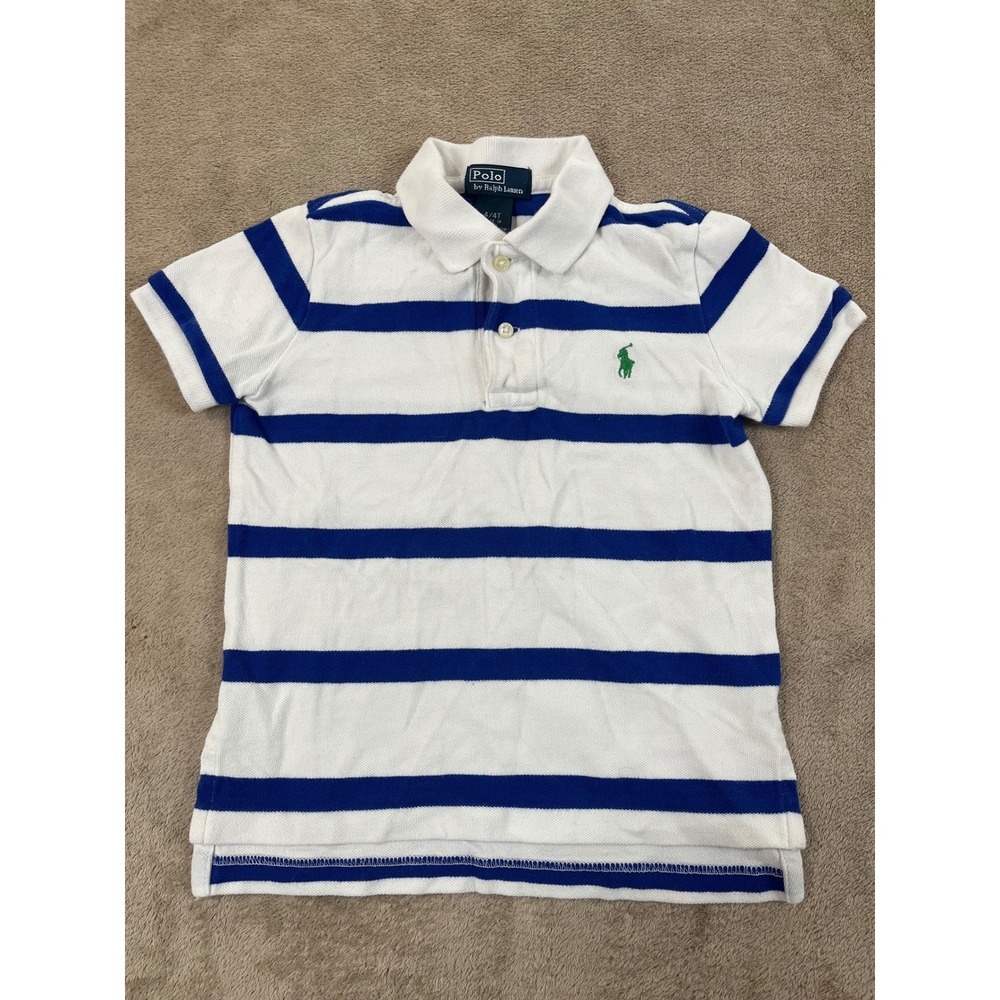 VTG Polo Ralph Lauren Classic Polo Shirt Kids Boy 4T White Blue Striped S/S/ EUC